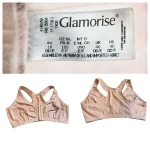 Glamorise Bra Front Close 40DD Cotton T Back Cafe Beige Stretch Cups Floral Lace
